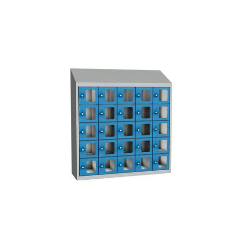 Svařovaná skříň na osobní věci Olaf s průhlednými dvířky, 25 boxů, otočný uzávěr, šedá/světle modrá