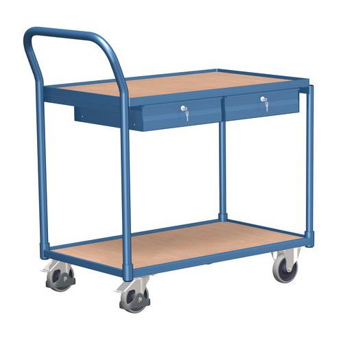 Policový vozík s madlem a zásuvkami, do 250 kg, 2 police, 101 x 112,5 x 62,5 cm, modrý