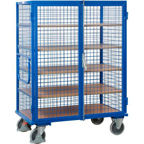 Vysoký uzavíratelný skříňový vozík s madlem a mřížovými stěnami, do 500 kg, 5 polic,180 x 131,5 x 91 cm