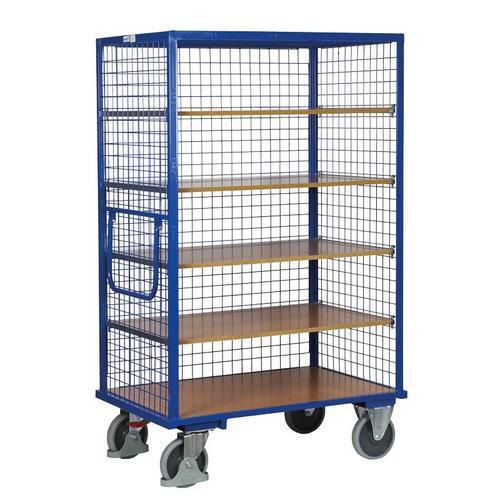 Vysoký skříňový vozík s madlem a 3 mřížovými stěnami, do 500 kg, 5 polic, 181 x 111,5 x 73 cm, modrý