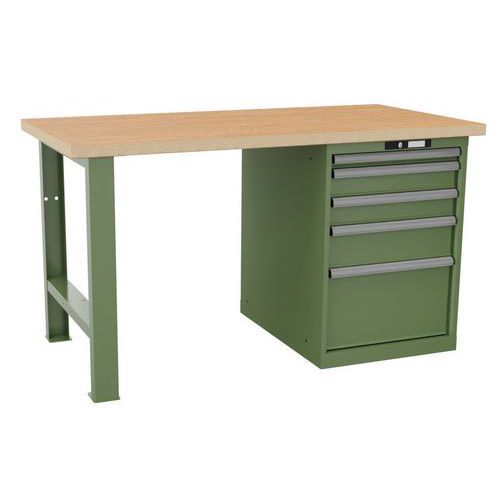 Dílenský pracovní stůl LISTA, 1500x750x840mm, 5 zásuvek, nosnost 1500 kg, zelená