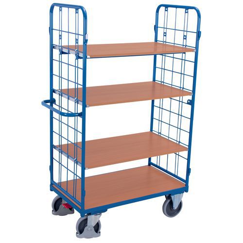 Vysoký policový vozík s madlem a mřížovými bočnicemi, do 500 kg, 4 police, 182 x 118,5 x 62 cm, modrý