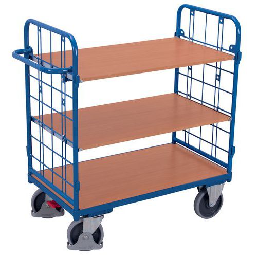 Policový vozík s madlem a mřížovými bočnicemi, do 500 kg, 3 police, 122 x 118,5 x 62 cm, modrý