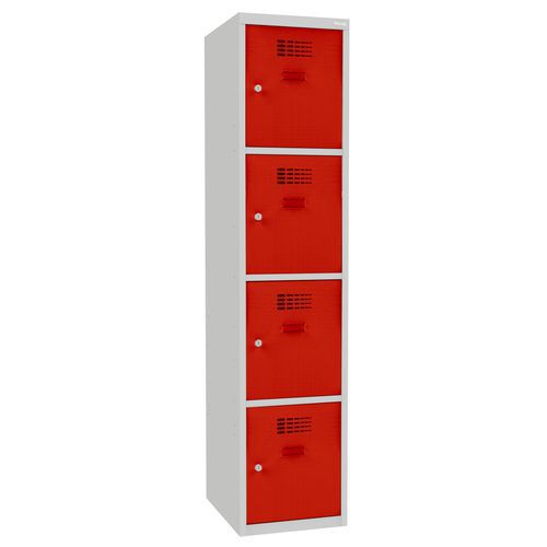 Svařovaná šatní skříň Oskar, 4 boxy, cylindrický zámek, šedá/červená