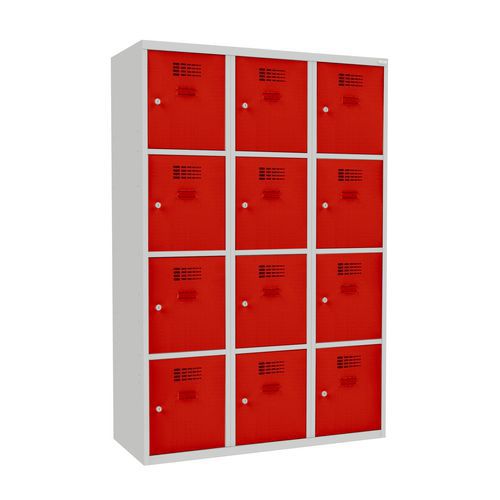 Svařovaná šatní skříň West, 12 boxů, cylindrický zámek, šedá/červená