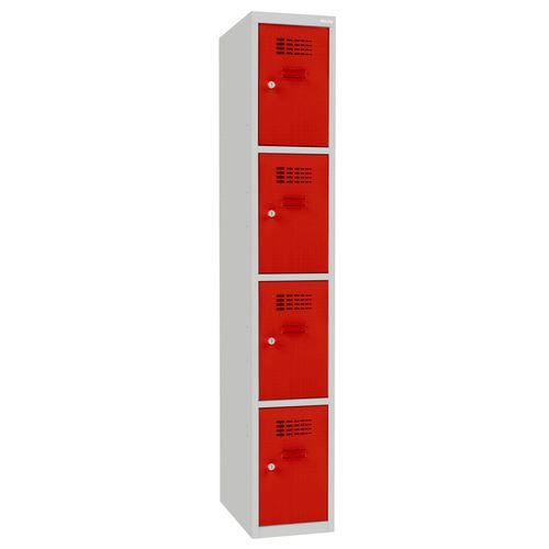 Svařovaná šatní skříň Emil, 4 boxy, cylindrický zámek šedá/červená
