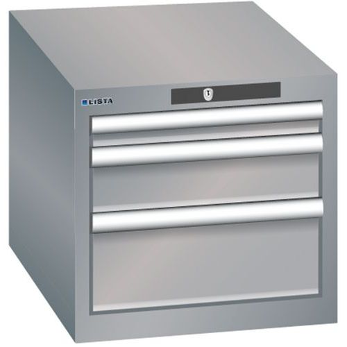 Dílenská zásuvková skřín Lista, 3 zásuvky - 1 x 50mm+ 1 x 100mm + 1x 150mm, šedá/stříbrná