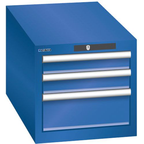 Dílenská zásuvková skřín Lista, 3 zásuvky: 2x75mm + 1x 150mm, 411x725x383 mm, fluorescentně modrá