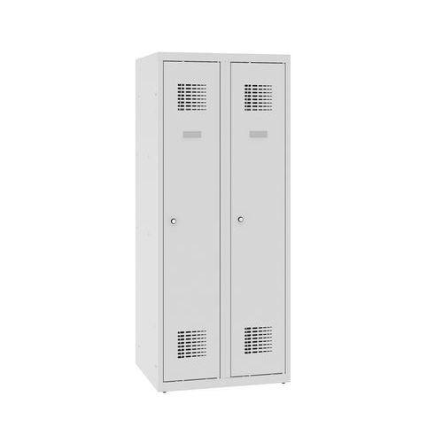 Snížená školní šatní skříň, 2 sloupce, 300 mm, šedá/šedá, tříbodový cylindrický zámek