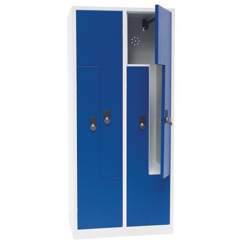 Svařovaná šatní skříň Manutan Expert Carl, dveře Z, 4 oddíly, cylindrický zámek, šedá/modrá