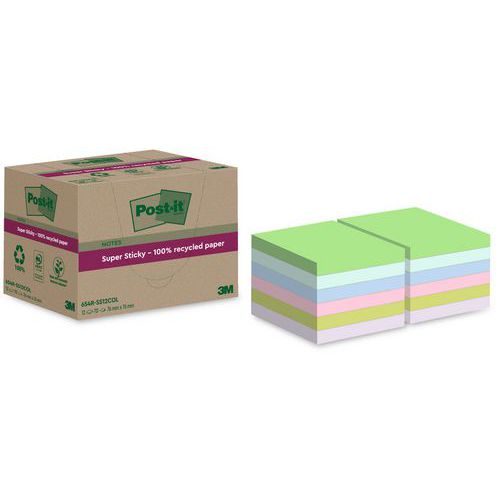 Bločky samolepicí Super Sticky Post-it® recyklované, různé barvy, 76×76 mm , 12 bloků