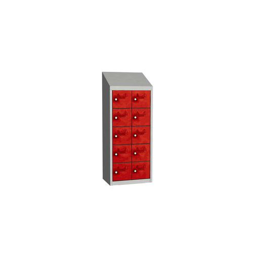 Svařovaná skříň na osobní věci Olaf, 10 boxů, otočný uzávěr, šedá/červená