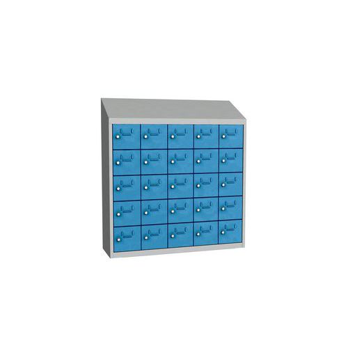 Svařovaná skříň na osobní věci Olaf, 25 boxů, cylindrický zámek, šedá/světle modrá