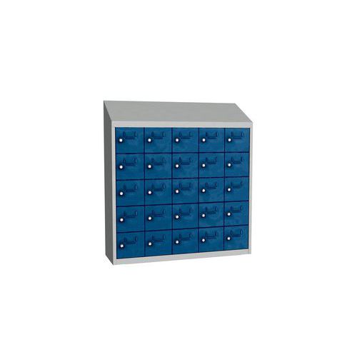 Svařovaná skříň na osobní věci Olaf, 25 boxů, cylindrický zámek, šedá/tmavě modrá