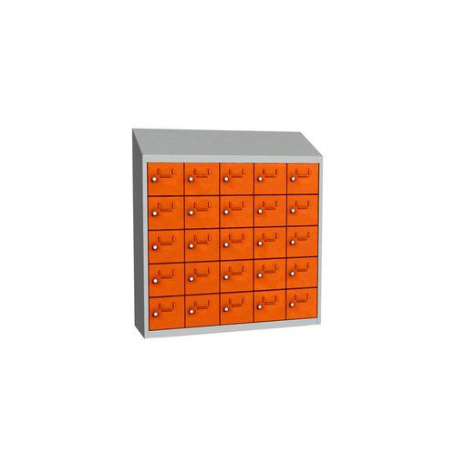 Svařovaná skříň na osobní věci Olaf, 25 boxů, otočný uzávěr, šedá/oranžová