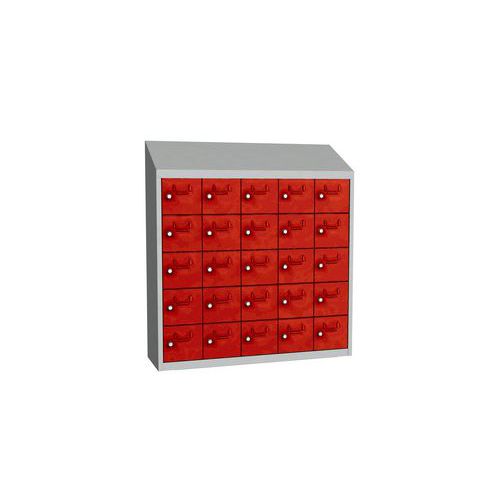 Svařovaná skříň na osobní věci Olaf, 25 boxů, otočný uzávěr, šedá/červená
