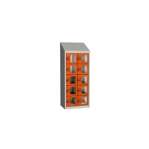 Svařovaná skříň na osobní věci Olaf s průhlednými dvířky, 10 boxů, cylindrický zámek, šedá/oranžová