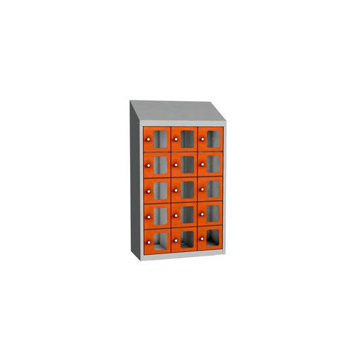 Svařovaná skříň na osobní věci Olaf s průhlednými dvířky, 15 boxů, otočný uzávěr, šedá/oranžová