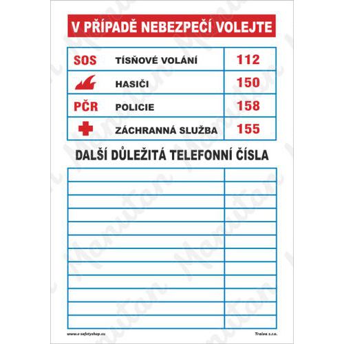 Důležitá telefonní čísla, samolepka 74 x 105 x 0,1 mm