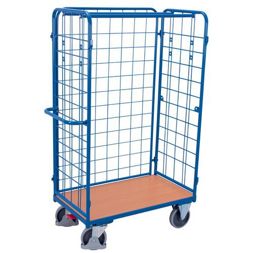 Vysoký policový vozík se 3 mřížovými bočnicemi, do 500 kg, 1 police, 182 x 119 x 62,5 cm, modrý