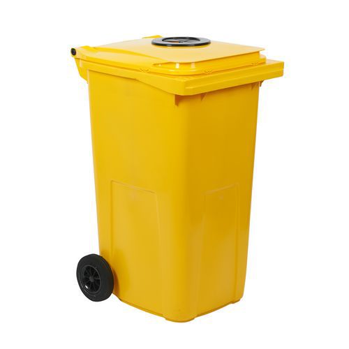Plastová venkovní popelnice na tříděný odpad s otvorem, objem 240 l, žlutá