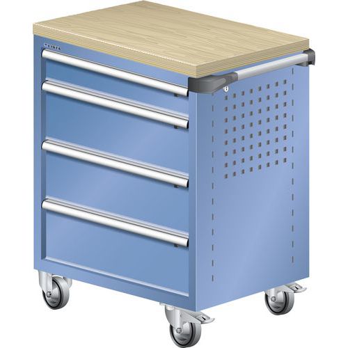 Dílenský zásuvkový vozík LISTA, pracovní deska z multiplexní dýhy, 4 zásuvky, modrá