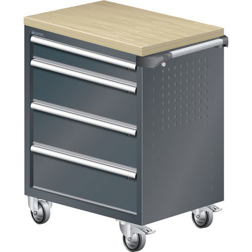 Dílenský zásuvkový vozík LISTA, pracovní deska z multiplexní dýhy, 4 zásuvky, černá