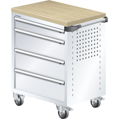 Dílenský zásuvkový vozík LISTA, pracovní deska z multiplexní dýhy, nosnost zásuvky 40kg, bílá