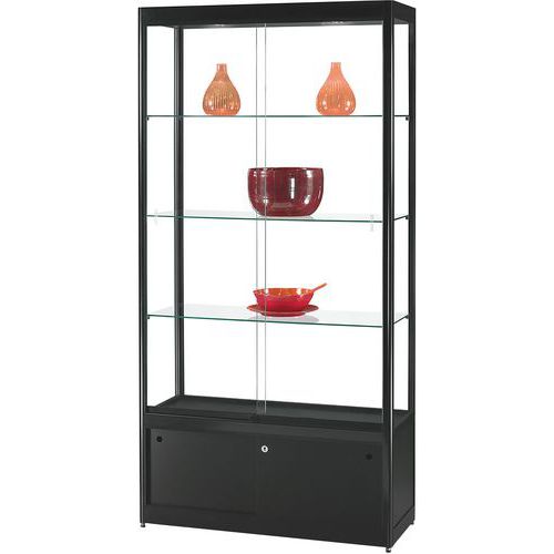 Skleněná produktová vitrína s úložným prostorem Manutan Expert, 200 x 100 x 40 cm, černá