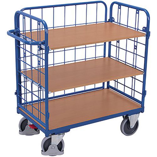 Policový vozík s madlem a mřížovými bočnicemi, do 500 kg, 3 police, 122 x 119 x 62,5 cm, modrý