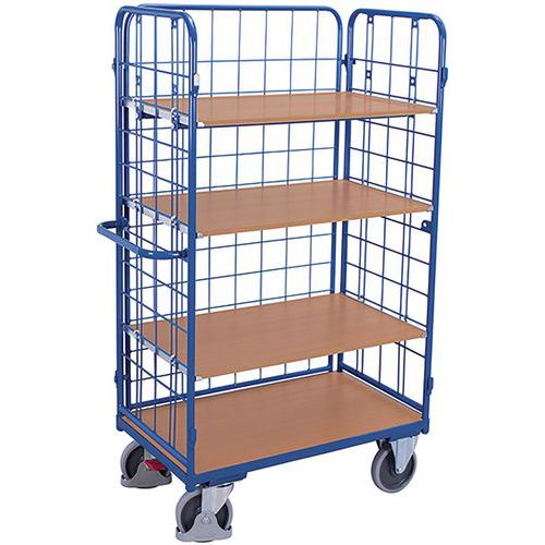 Vysoký policový vozík s madlem a mřížovými bočnicemi, do 500 kg, 4 police, 182 x 119 x 62,5 cm, modrý