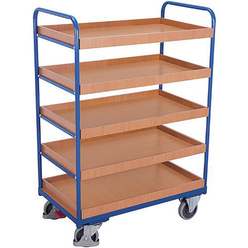 Vysoký policový vozík, do 250 kg, 5 polic s vyvýšenými hranami, 153 x 126 x 80 cm, modrý