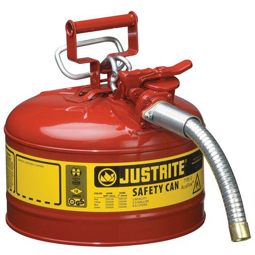 Bezpečnostní nádoba na hořlaviny Justrite AccuFlow s hadicí, typ II, červená, 9,5 l