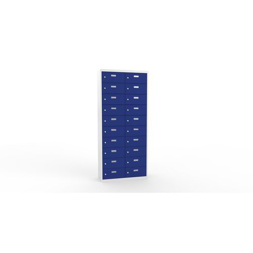 Svařovaná skříň na osobní věci Ron II, 20 boxů, cylindrický zámek, šedá/tmavě modrá