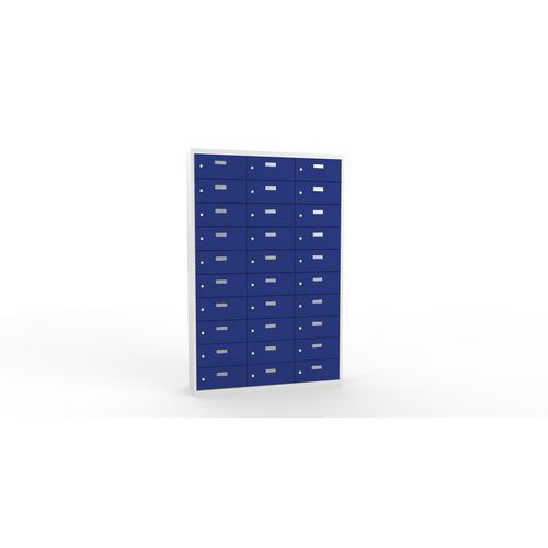 Svařovaná skříň na osobní věci Ron II, 30 boxů, cylindrický zámek, šedá/tmavě modrá