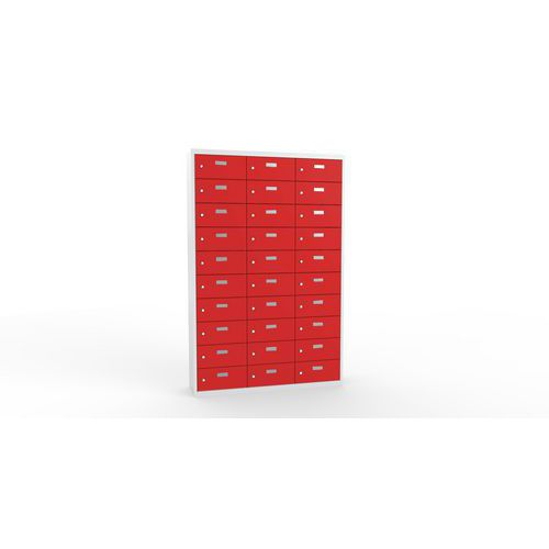 Svařovaná skříň na osobní věci Ron II, 30 boxů, cylindrický zámek, šedá/červená