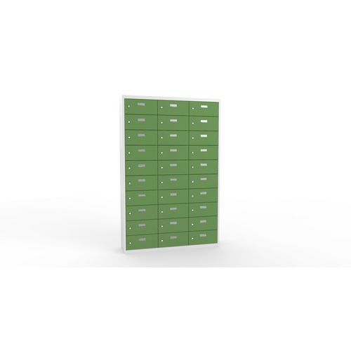 Svařovaná skříň na osobní věci Ron II, 30 boxů, cylindrický zámek, šedá/zelená