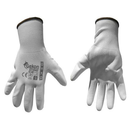 Ochranné rukavice bílé z pletené bavlny, polomáčené v PU, velikost 9" GEKO