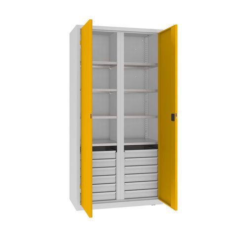 Kovová dílenská skříň na nářadí se zásuvkami, 199 x 100 x 50 cm, 12 zásuvek, šedá/žlutá
