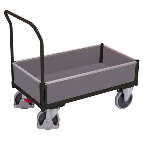 Plošinový vozík s madlem a nízkými plnými bočnicemi, do 400 kg, 97,5 x 97,5 x 50 cm, šedý