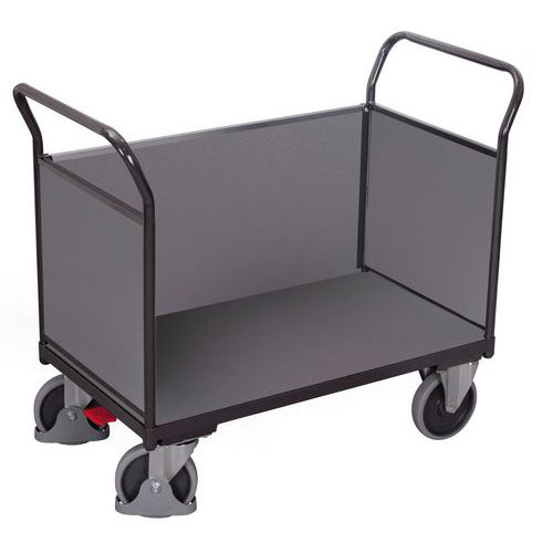 Plošinový vozík se dvěma madly s plnou výplní a boční stěnou, do 400 kg, 97,5 x 104 x 50 cm, šedý