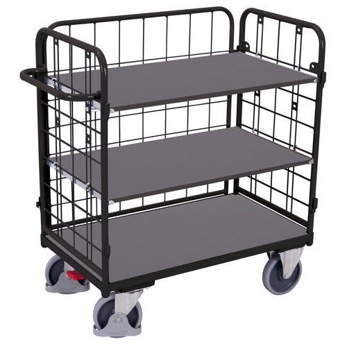 Policový vozík s madlem a mřížovými bočnicemi, do 400 kg, 3 police, 118 x 104 x 52,5 cm, šedý