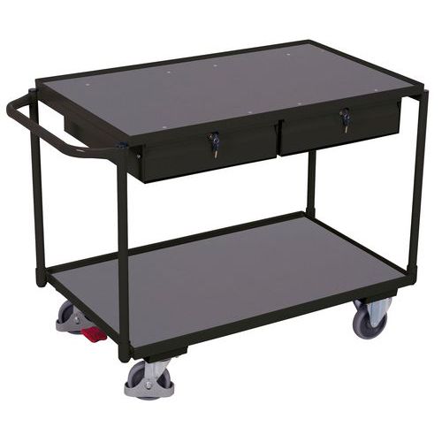 Policový vozík s madlem a zásuvkami, do 250 kg, 2 police, 85 x 117,5 x 62,5 cm, šedý