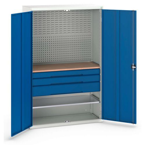 Dílenská skříň se zásuvkami Bott Verso, 200 x 130 x 55 cm, 1 police, 3 zásuvky, šedá-modrá