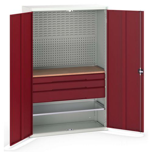 Dílenská skříň se zásuvkami Bott Verso, 200 x 130 x 55 cm, 1 police, 3 zásuvky, šedá-červená