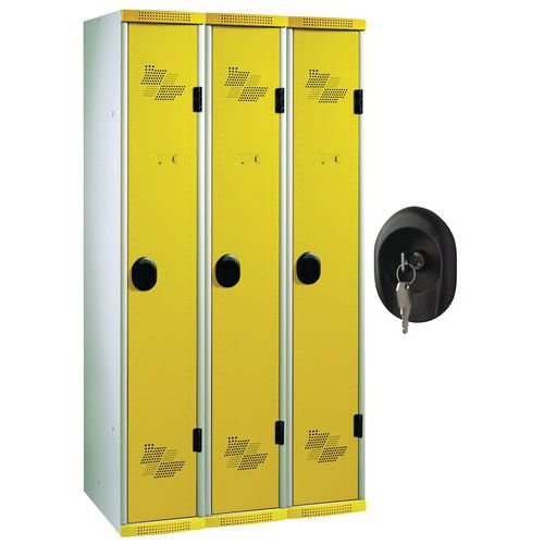 Svařovaná šatní skříň Acial, 3 oddíly, 300 mm, cylindrický zámek, šedá/žlutá
