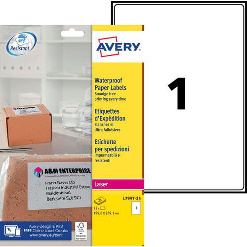 Samolepicí etikety Avery, voděodolné, 199,6 x 289,1 mm
