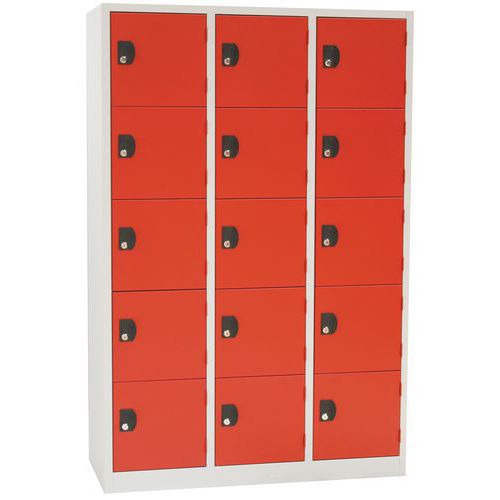 Svařovaná šatní skříň Manutan Expert Mike, 15 boxů, cylindrický zámek, šedá/červená