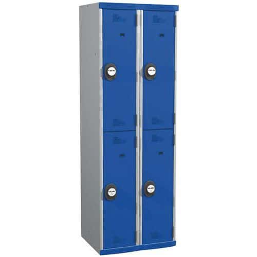 Svařovaná šatní skříň Acial, 2 sloupce, 4 boxy, 300 mm, kódový zámek, šedá/modrá