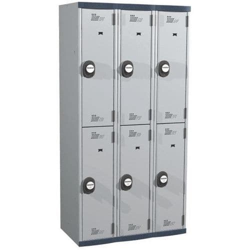 Svařovaná šatní skříň Acial, 3 sloupce, 6 boxů, 300 mm, kódový zámek, šedá/šedá